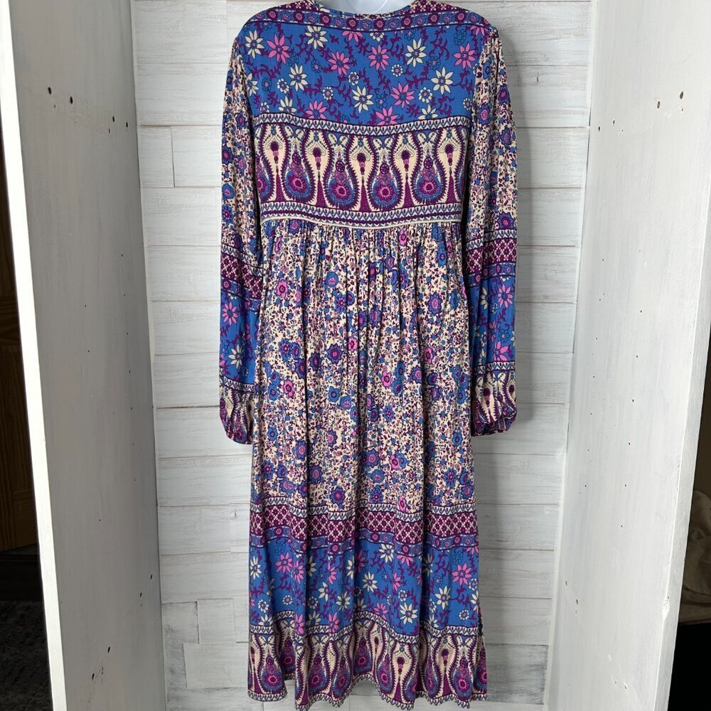 Womens Long Sleeve Floral Print Retro V Neck Tassel Midi Dress Size Medium 8/10 - Picture 4 of 7